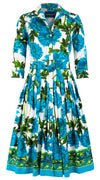 Audrey Dress #2 Shirt Collar 3/4 Sleeve Long Length Cotton Stretch (Anemon Naples Border)