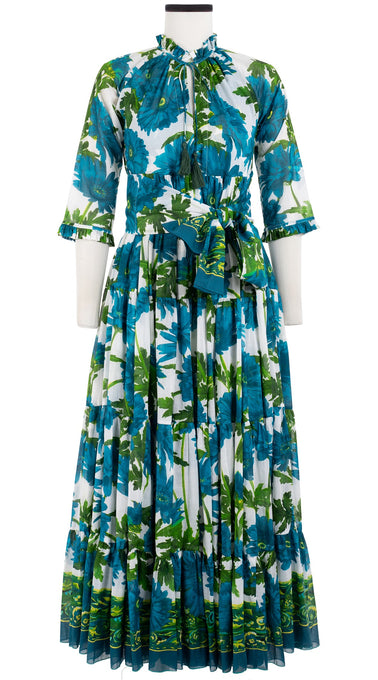 Eden Dress Crew Neck 3/4 Sleeve with Hamilton Belt Maxi Length Cotton Musola (Anemon Naples Border)