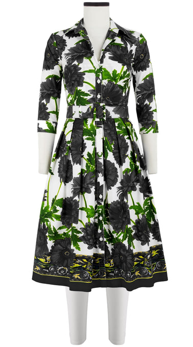 Audrey Dress #1 Shirt Collar 3/4 Sleeve Long Length Cotton Stretch (Anemon Naples Border)