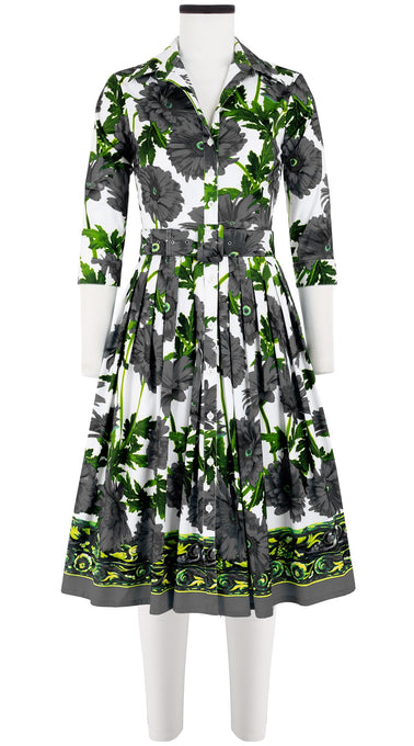 Audrey Dress #2 Shirt Collar 3/4 Sleeve Long Length Cotton Stretch (Anemon Naples Border)