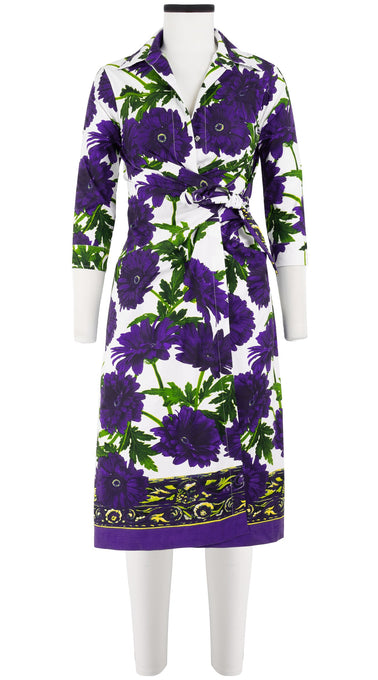 Hepburn Dress Shirt Collar 3/4 Sleeve Long Length Cotton Stretch (Anemon Naples Border)