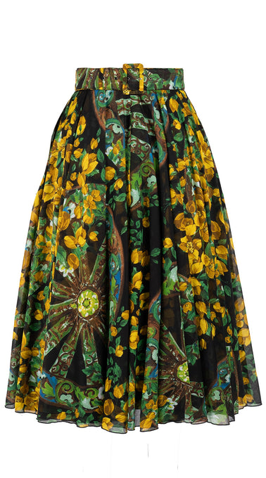 Aster Skirt #1 with Belt Midi Length Cotton Musola (Antique Wheel All Over)