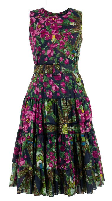 Preen Dress Crew Neck Sleeveless Midi Length Cotton Musola (Antique Wheel All Over)