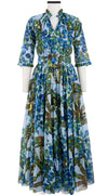 Eden Dress Crew Neck 3/4 Sleeve with Hamilton Belt Maxi Length Cotton Musola (Antique Wheel All Over)
