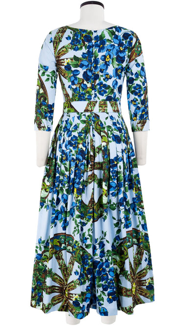 Florance Dress Boat Neck 3/4 Sleeve Midi Plus Length Cotton Stretch (Antique Wheel All Over)