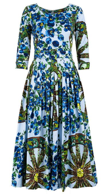 Florance Dress Boat Neck 3/4 Sleeve Midi Plus Length Cotton Stretch (Antique Wheel All Over)