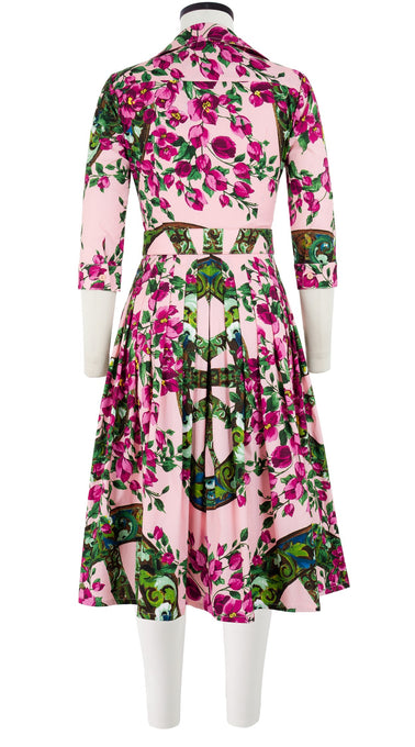 Audrey Dress #2 Shirt Collar 3/4 Sleeve Long Length Cotton Stretch (Antique Wheel All Over)