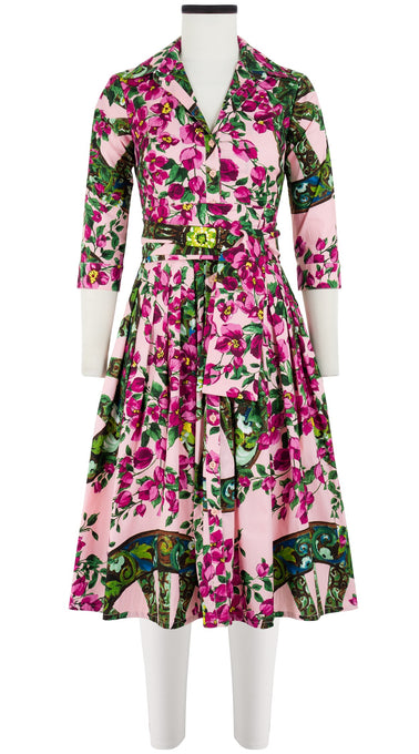 Audrey Dress #2 Shirt Collar 3/4 Sleeve Long Length Cotton Stretch (Antique Wheel All Over)