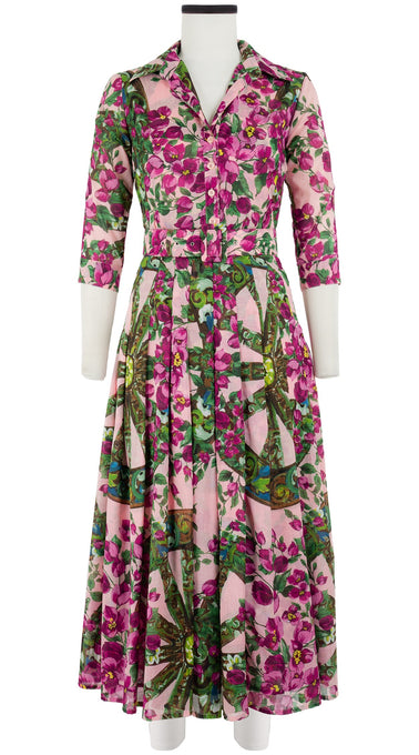 Zeller Dress Shirt Collar 3/4 Sleeve Midi Plus Length Cotton Musola (Antique Wheel All Over)