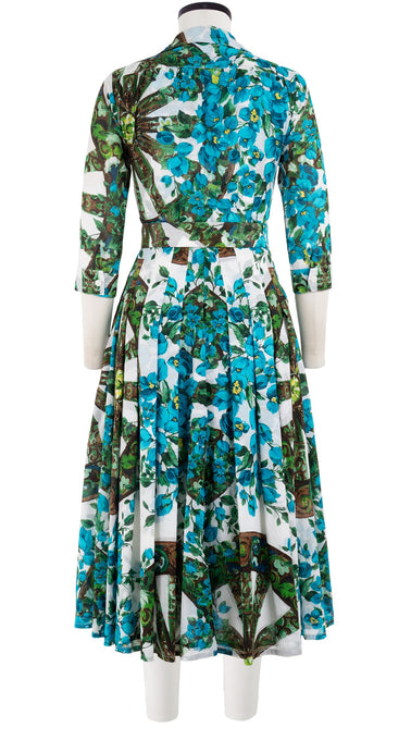 Audrey Dress #4 Shirt Collar 3/4 Sleeve Midi Length Cotton Musola (Antique Wheel All Over)