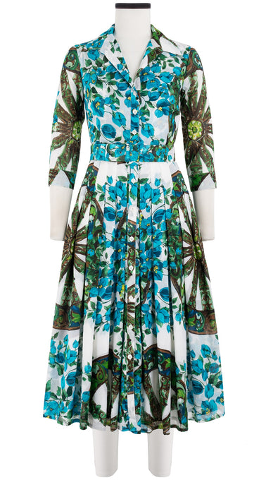Audrey Dress #4 Shirt Collar 3/4 Sleeve Midi Length Cotton Musola (Antique Wheel All Over)