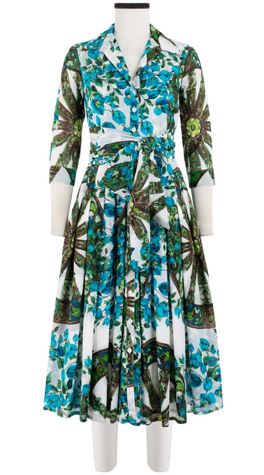 Audrey Dress #4 Shirt Collar 3/4 Sleeve Midi Length Cotton Musola (Antique Wheel All Over)
