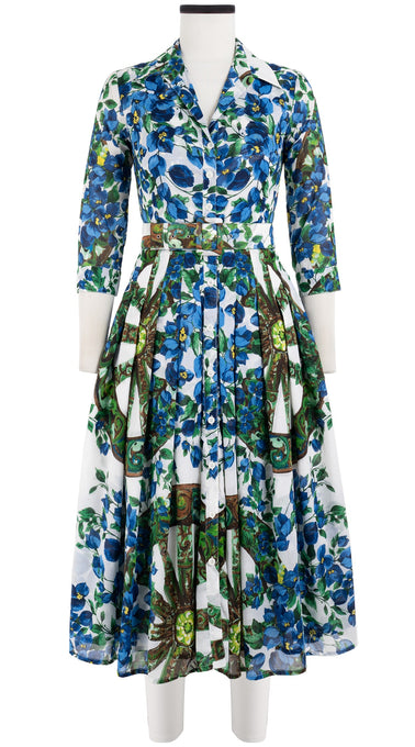 Audrey Dress #4 Shirt Collar 3/4 Sleeve Midi Length Cotton Musola (Antique Wheel All Over)