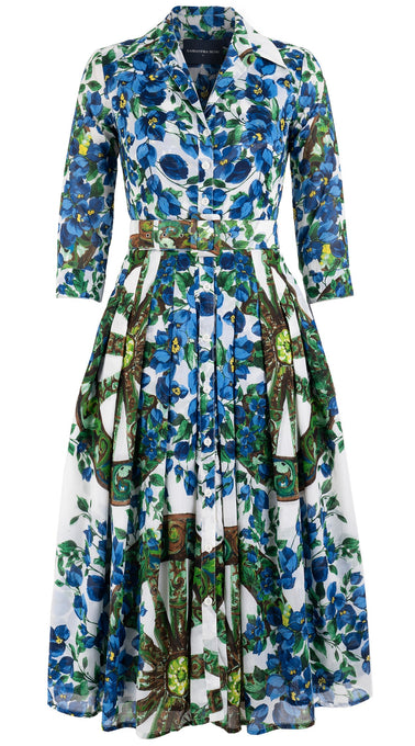 Audrey Dress #4 Shirt Collar 3/4 Sleeve Midi Length Cotton Musola (Antique Wheel All Over)