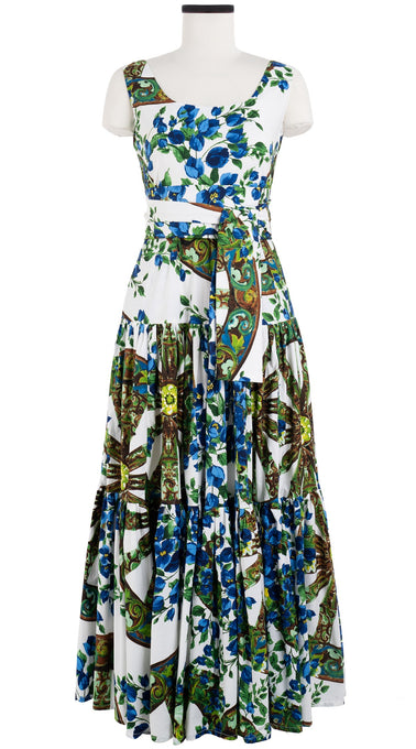 Emma Dress Open U Neck Sleeveless Maxi Length Cotton Stretch (Antique Wheel All Over)