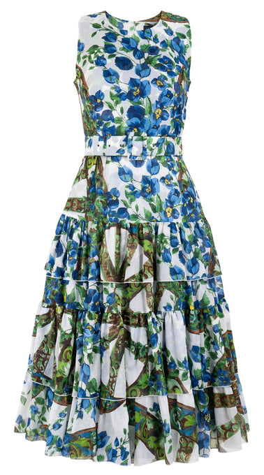 Preen Dress Crew Neck Sleeveless Midi Length Cotton Musola (Antique Wheel All Over)