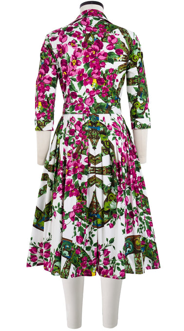 Audrey Dress #2 Shirt Collar 3/4 Sleeve Long Length Cotton Stretch (Antique Wheel All Over)