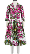 Audrey Dress #2 Shirt Collar 3/4 Sleeve Long Length Cotton Stretch (Antique Wheel All Over)