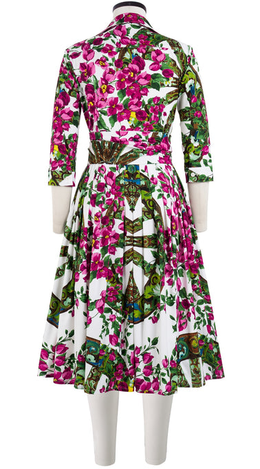 Audrey Dress #2 Shirt Collar 3/4 Sleeve Long Length Cotton Stretch (Antique Wheel All Over)