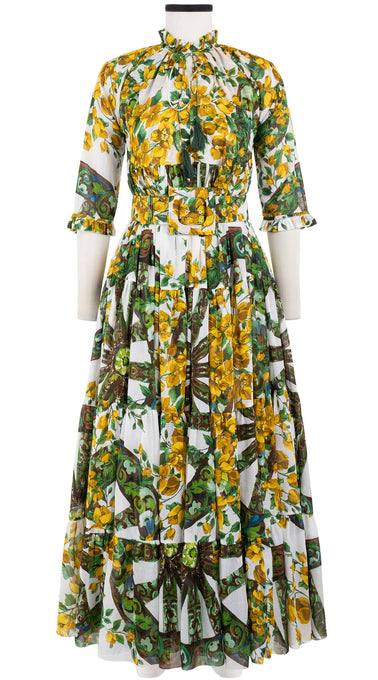 Eden Dress Crew Neck 3/4 Sleeve with Hamilton Belt Maxi Length Cotton Musola (Antique Wheel All Over)