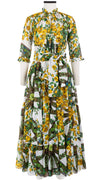 Eden Dress Crew Neck 3/4 Sleeve with Hamilton Belt Maxi Length Cotton Musola (Antique Wheel All Over)