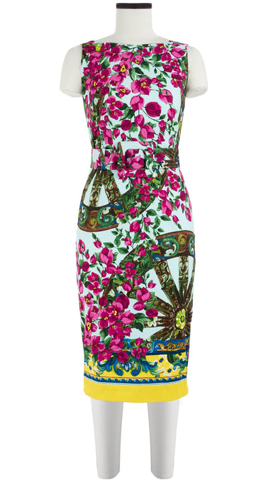 Celine Dress High Boat Neck Sleeveless with Hamilton Belt Long Length Cotton Dobby Stretch (Antique Wheel Border)
