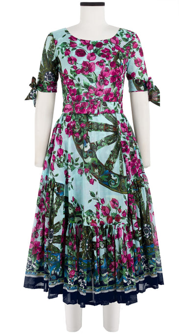Amanda Dress Boat Neck 1/2 Tie Sleeve Midi Length Cotton Musola (Antique Wheel Border)