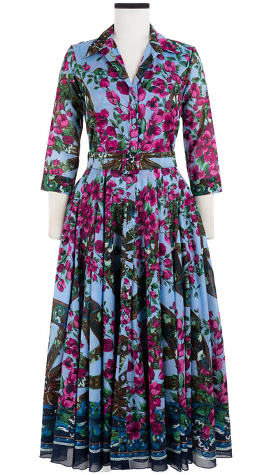 Aster Dress Shirt Collar 3/4 Sleeve Midi Length Cotton Musola (Antique Wheel Border)