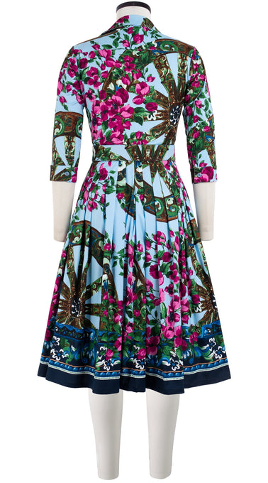 Audrey Dress #2 Shirt Collar 3/4 Sleeve Long Length Cotton Stretch (Antique Wheel Border)
