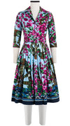 Audrey Dress #2 Shirt Collar 3/4 Sleeve Long Length Cotton Stretch (Antique Wheel Border)