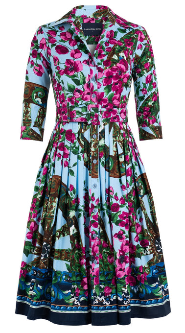 Audrey Dress #2 Shirt Collar 3/4 Sleeve Long Length Cotton Stretch (Antique Wheel Border)