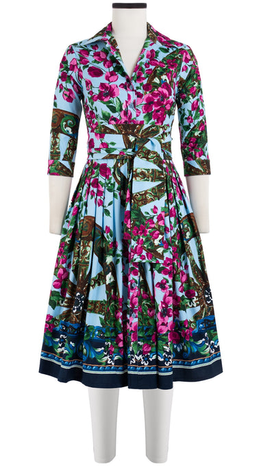 Audrey Dress #2 Shirt Collar 3/4 Sleeve Long Length Cotton Stretch (Antique Wheel Border)