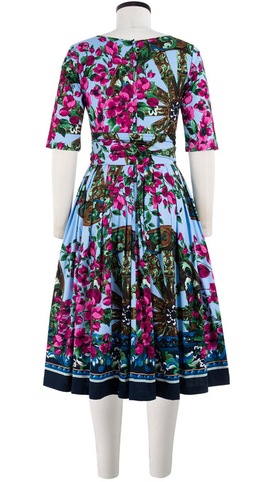 Florance Dress #2 Boat Neck 1/2 Sleeve Long Length Cotton Stretch (Antique Wheel Border)