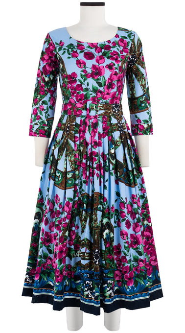 Florance Dress #2 Boat Neck 3/4 Sleeve Midi Length Cotton Stretch (Antique Wheel Border)