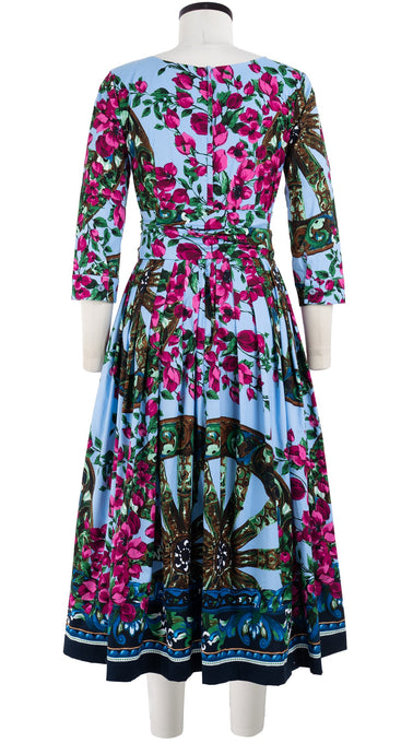 Florance Dress #2 Boat Neck 3/4 Sleeve Midi Length Cotton Stretch (Antique Wheel Border)