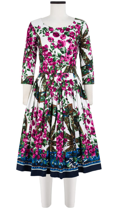 Florance Dress #2 Boat Neck 3/4 Sleeve Long Length Cotton Stretch (Antique Wheel Border)