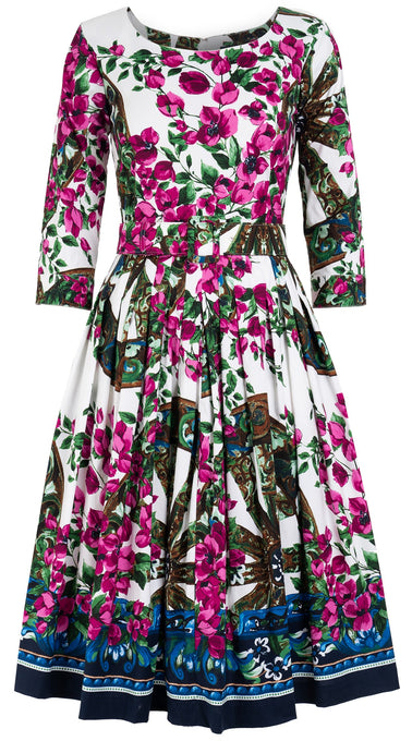 Florance Dress #2 Boat Neck 3/4 Sleeve Long Length Cotton Stretch (Antique Wheel Border)