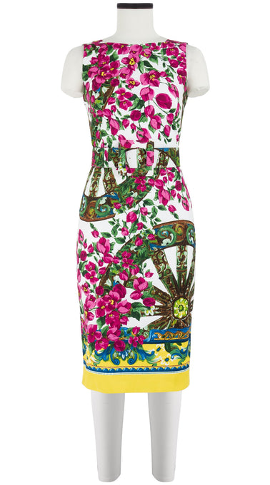 Celine Dress High Boat Neck Sleeveless with Hamilton Belt Long Length Cotton Dobby Stretch (Antique Wheel Border)