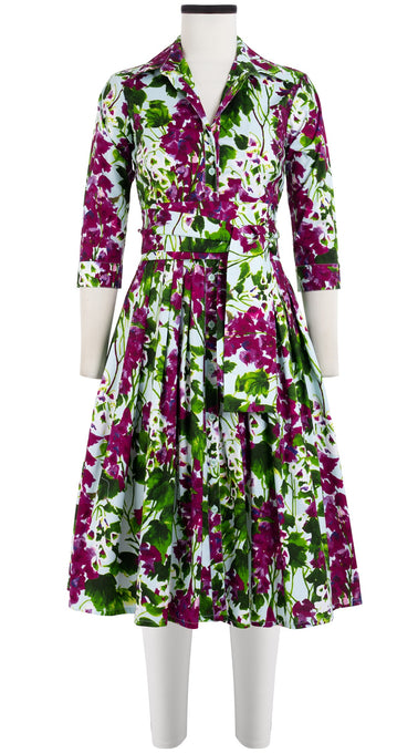 Audrey Dress #2 Shirt Collar 3/4 Sleeve Long Length Cotton Stretch (Bell Flower New)