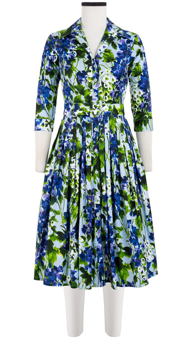 Audrey Dress #2 Shirt Collar 3/4 Sleeve Long Length Cotton Stretch (Bell Flower New)