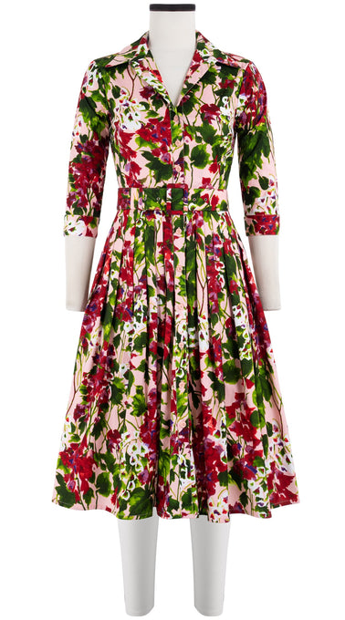 Audrey Dress #2 Shirt Collar 3/4 Sleeve Long Length Cotton Stretch (Bell Flower New)