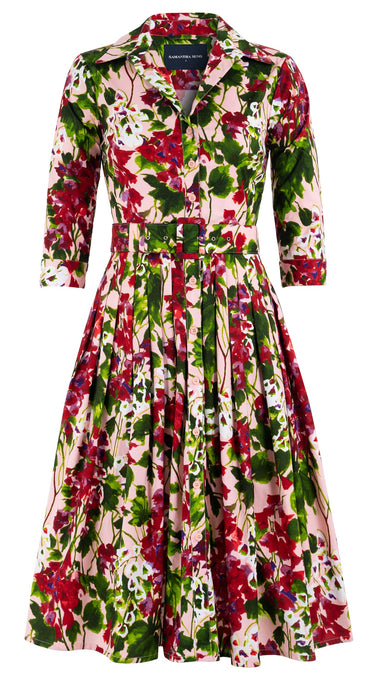 Audrey Dress #2 Shirt Collar 3/4 Sleeve Long Length Cotton Stretch (Bell Flower New)