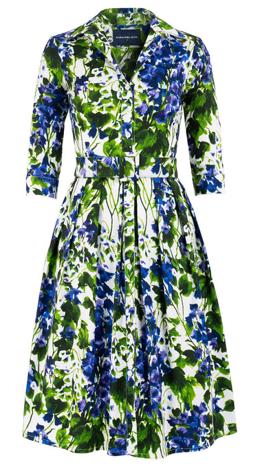 Audrey Dress #1 Shirt Collar 3/4 Sleeve Long Length Cotton Stretch (Bell Flower New)