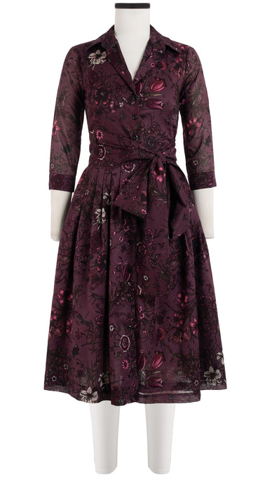 Audrey Dress #6 Shirt Collar 3/4 Sleeve Long Length Cotton Musola (Botanic New Small Dark)