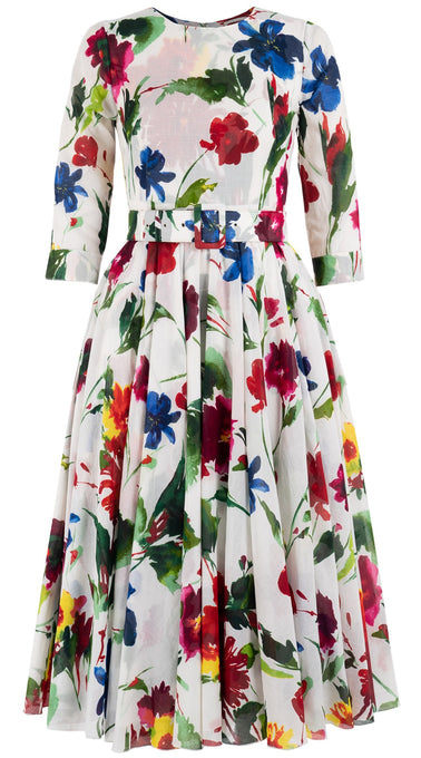 Aster Dress Crew Neck 3/4 Sleeve Midi Length Cotton Musola (Botanic Watercolor)