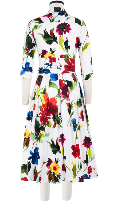 Audrey Dress #1 Shirt Collar 3/4 Sleeve Midi Length Cotton Stretch (Botanic Watercolor)