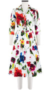 Audrey Dress #3 Shirt Collar 3/4 Sleeve Long Length Cotton Stretch (Botanic Watercolor)
