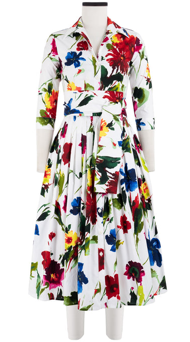 Audrey Dress #3 Shirt Collar 3/4 Sleeve Midi Length Cotton Stretch (Botanic Watercolor)