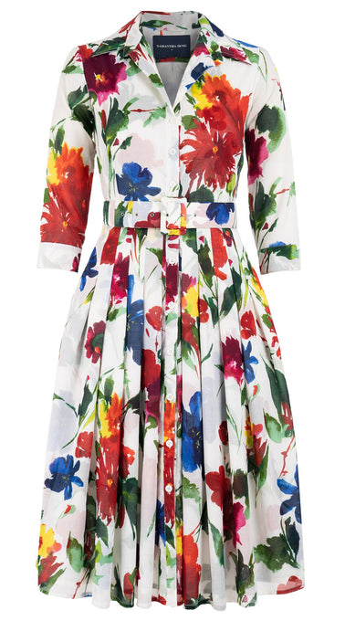 Audrey Dress #4 Shirt Collar 3/4 Sleeve Long Length Cotton Musola (Botanic Watercolor)