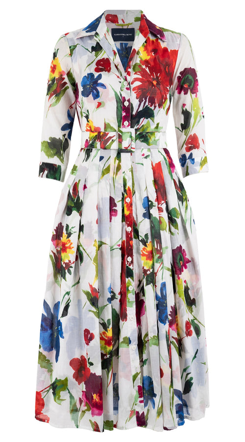 Audrey Dress #4 Shirt Collar 3/4 Sleeve Midi Length Cotton Musola (Botanic Watercolor)